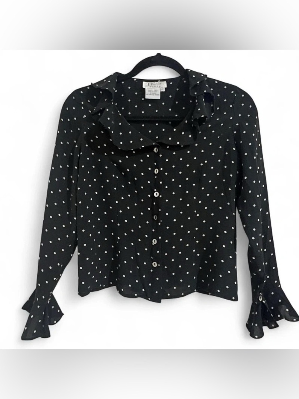 Tess Silk Petite Black & White Polka Dot Silk Blouse Ruffle Collar Button Front
